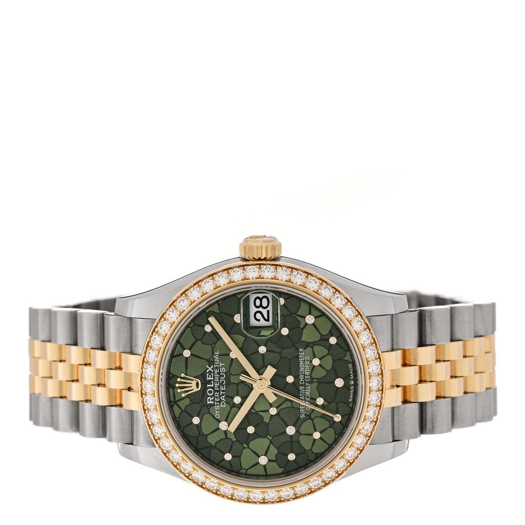 Stainless Steel 18K Yellow Gold Diamond Bezel 31mm Oyster Perpetual Datejust Watch Green Floral 278383RBR