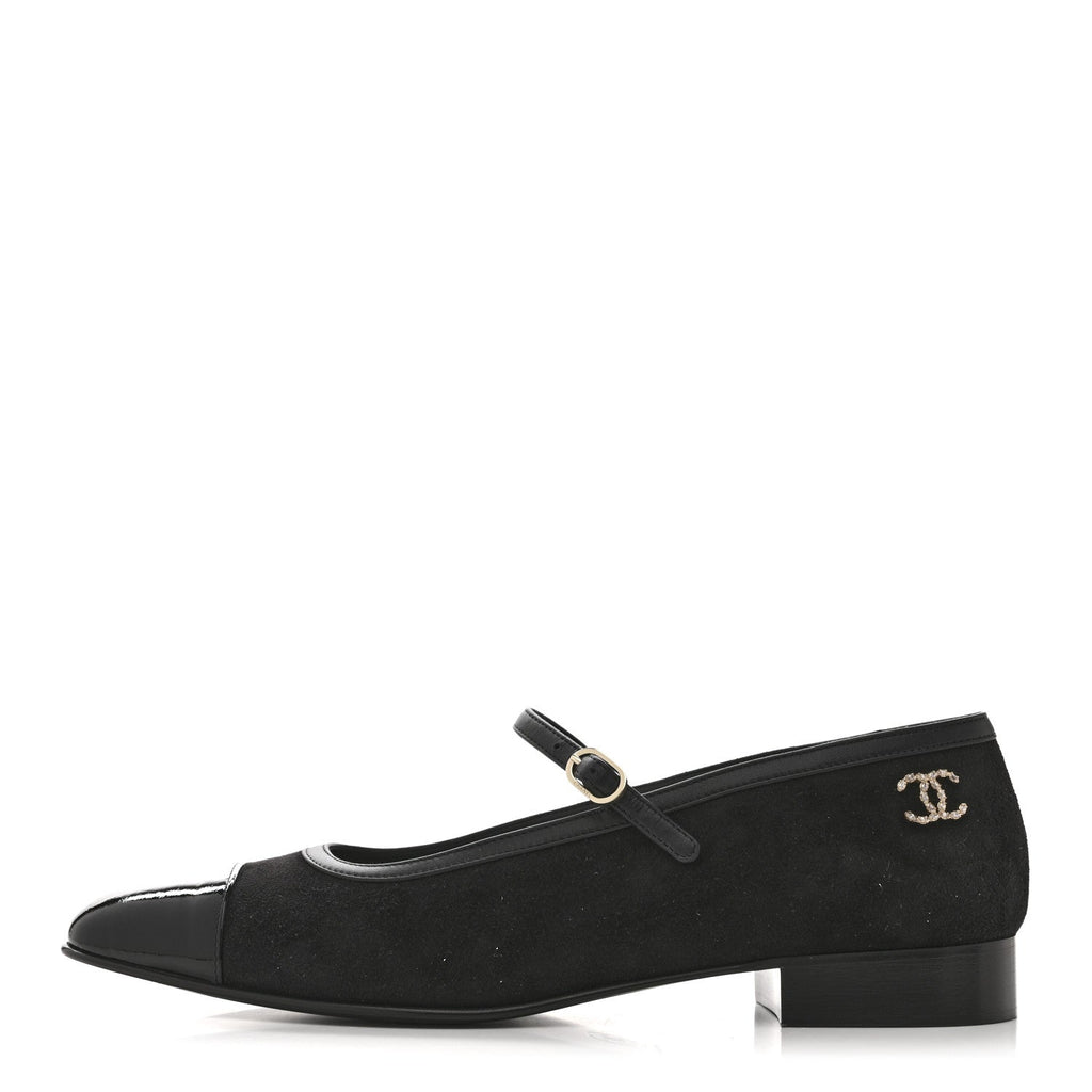 Suede Kidskin Lambskin Patent Calfskin Cap Toe CC Mary Jane Flats 39.5 Black
