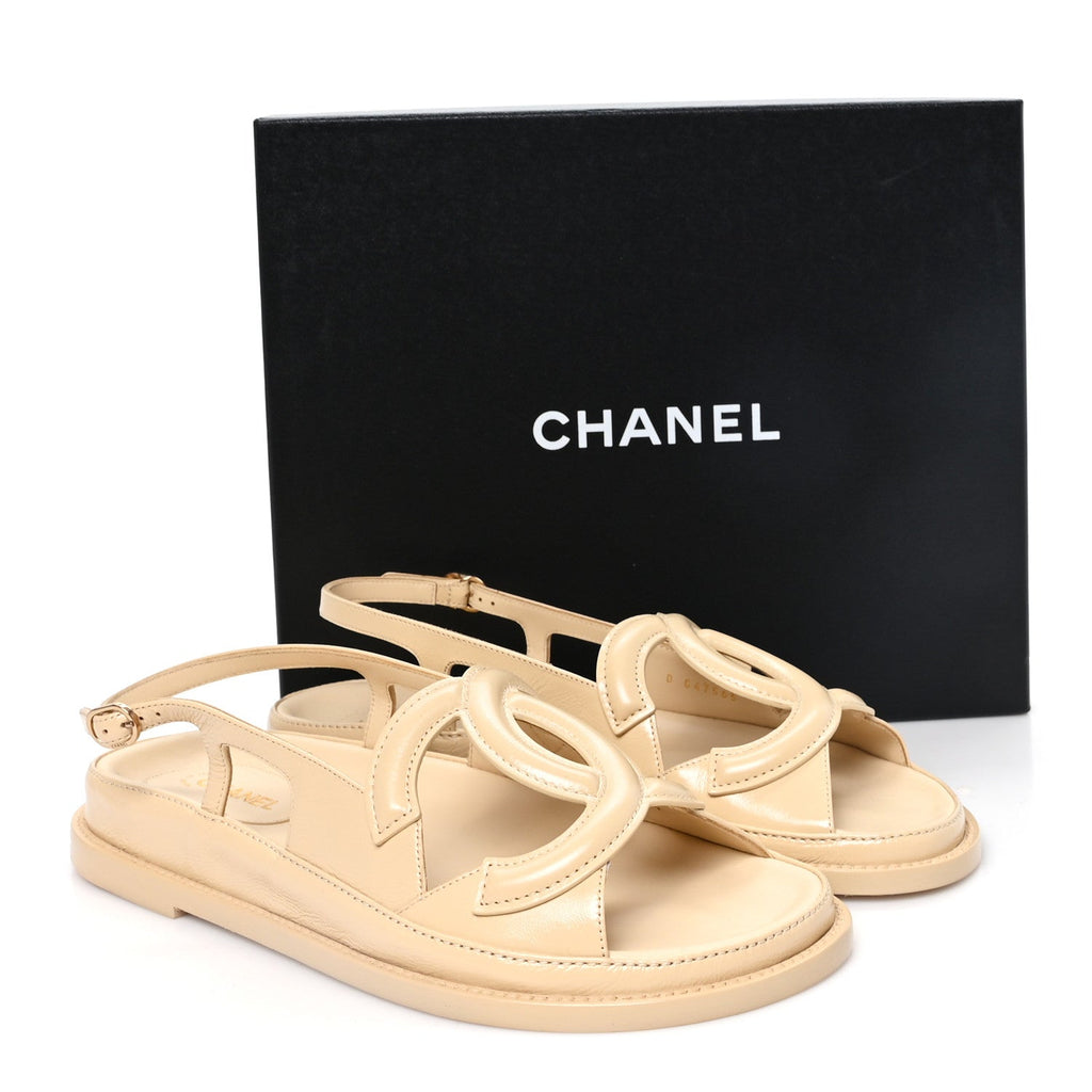 Crumpled Shiny Lambskin CC Cut Out Dad Sandals 40 Beige