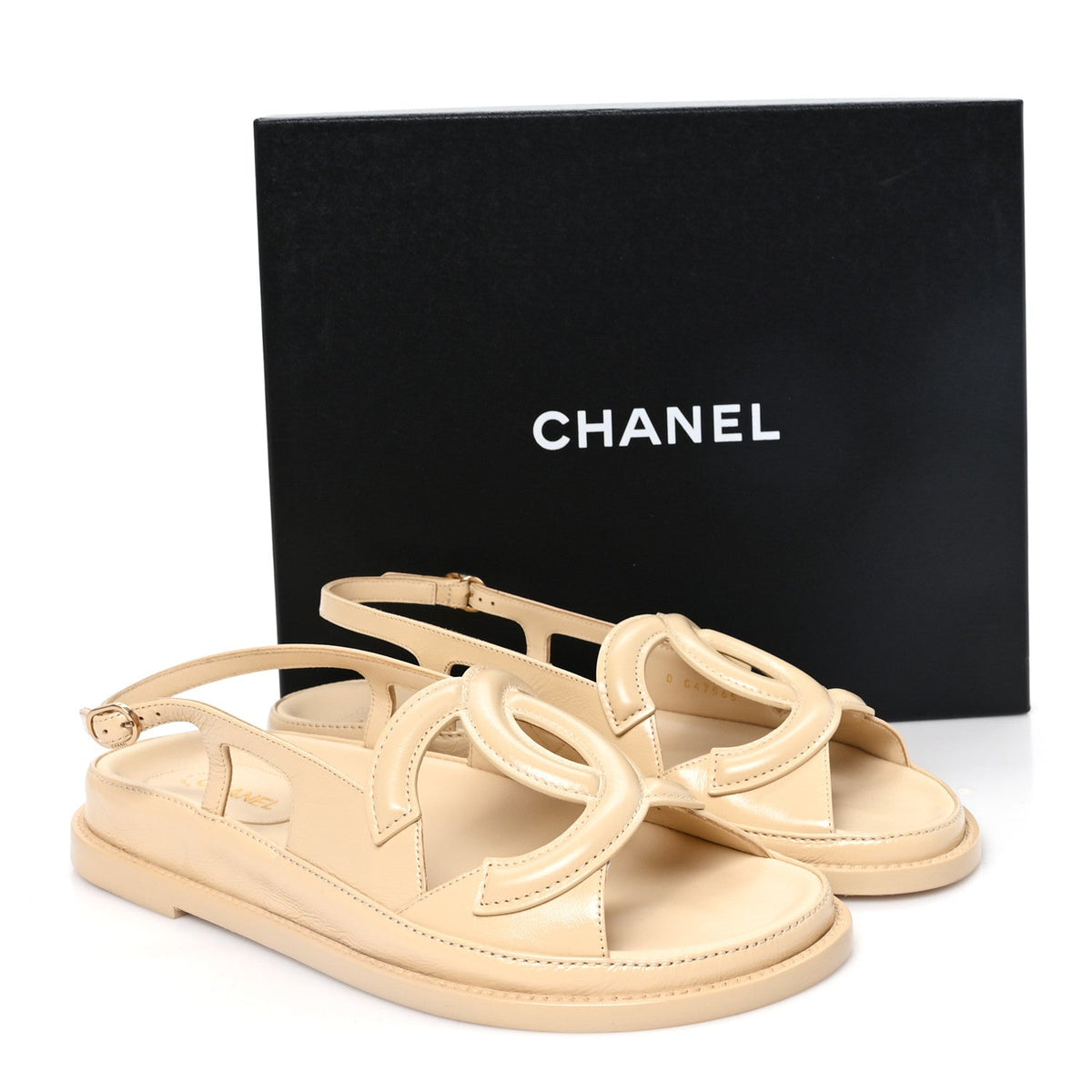Crumpled Shiny Lambskin CC Cut Out Dad Sandals 40 Beige