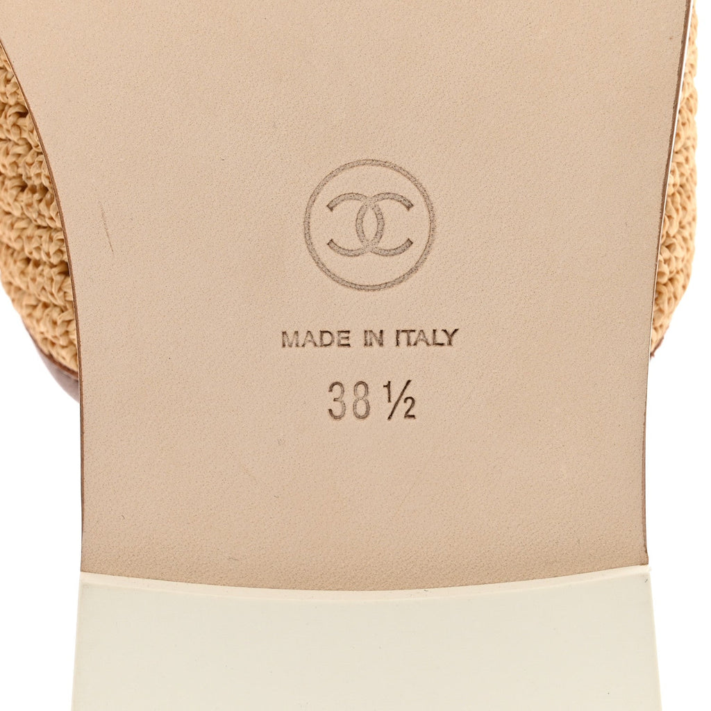 Raffia Lambskin CC Mules 38.5 Beige Brown
