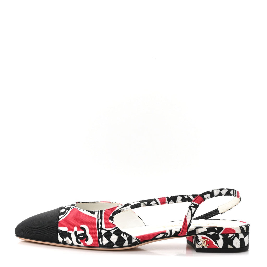 Printed Fabric Grosgrain Cap Toe CC Slingback Flats 38 Red Black White