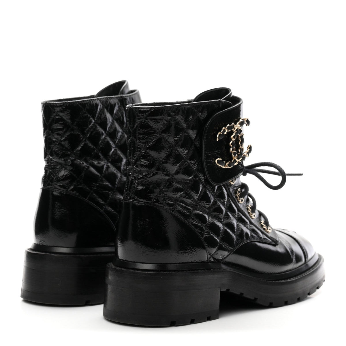 Shiny Lambskin Quilted Lace Up Combat Boots 38 Black