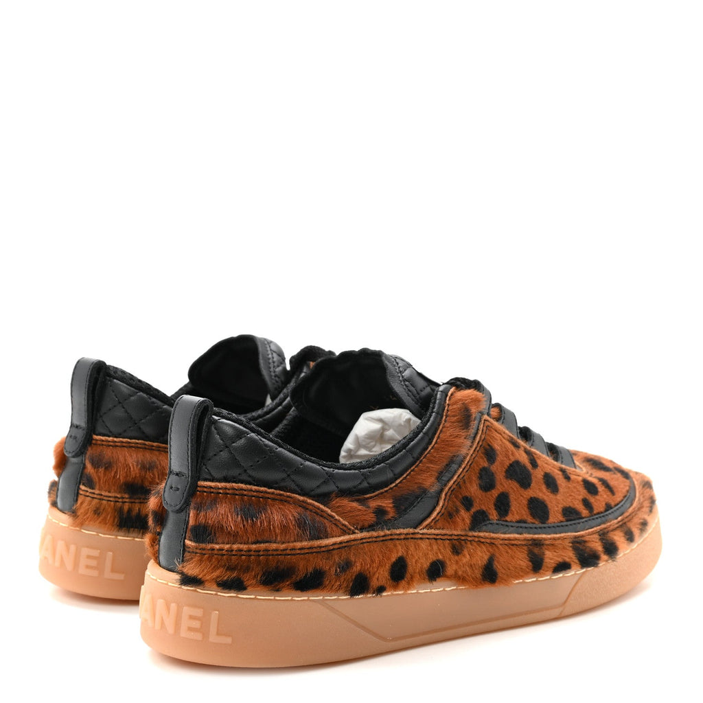 Lambskin Cheetah Print Quilted Sneakers 38.5 Brown Black