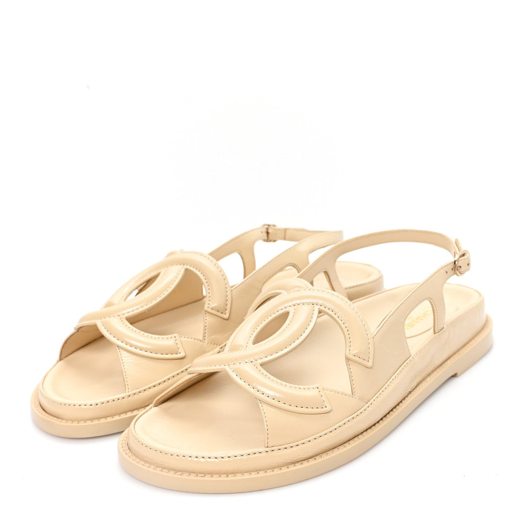 Crumpled Shiny Lambskin CC Cut Out Dad Sandals 40 Beige