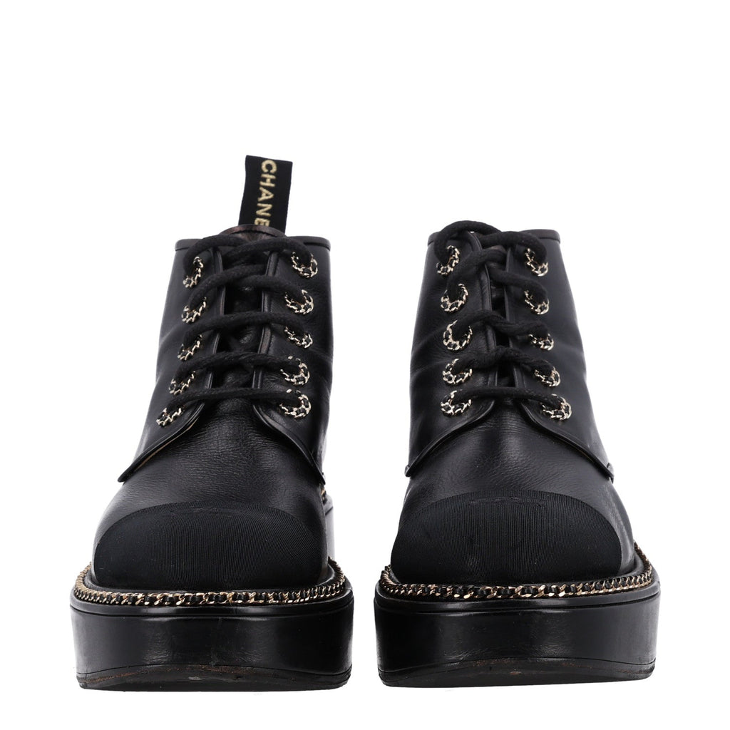 Calfskin Grosgrain Chain Lace Up CC Short Boots 41 Black