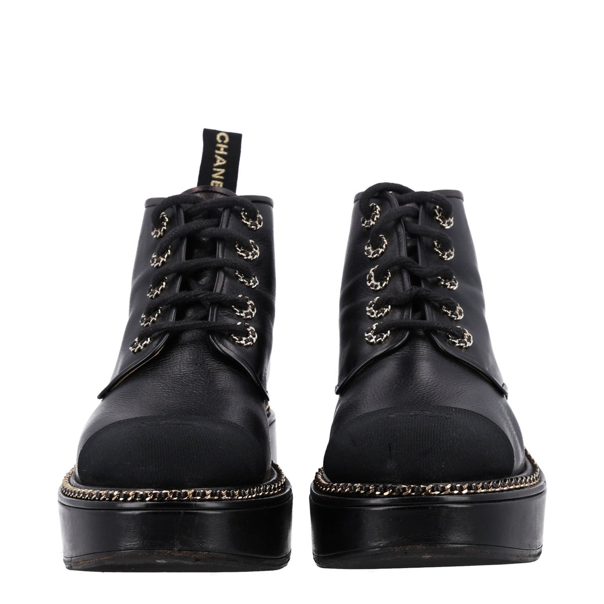 Calfskin Grosgrain Chain Lace Up CC Short Boots 41 Black