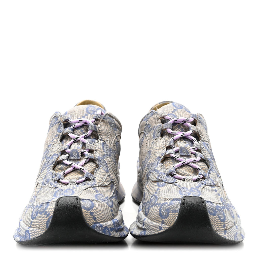 Ultralight Plume Calfskin Monogram Printed Womens Gucci Run Sneakers 37.5 Beige Blue