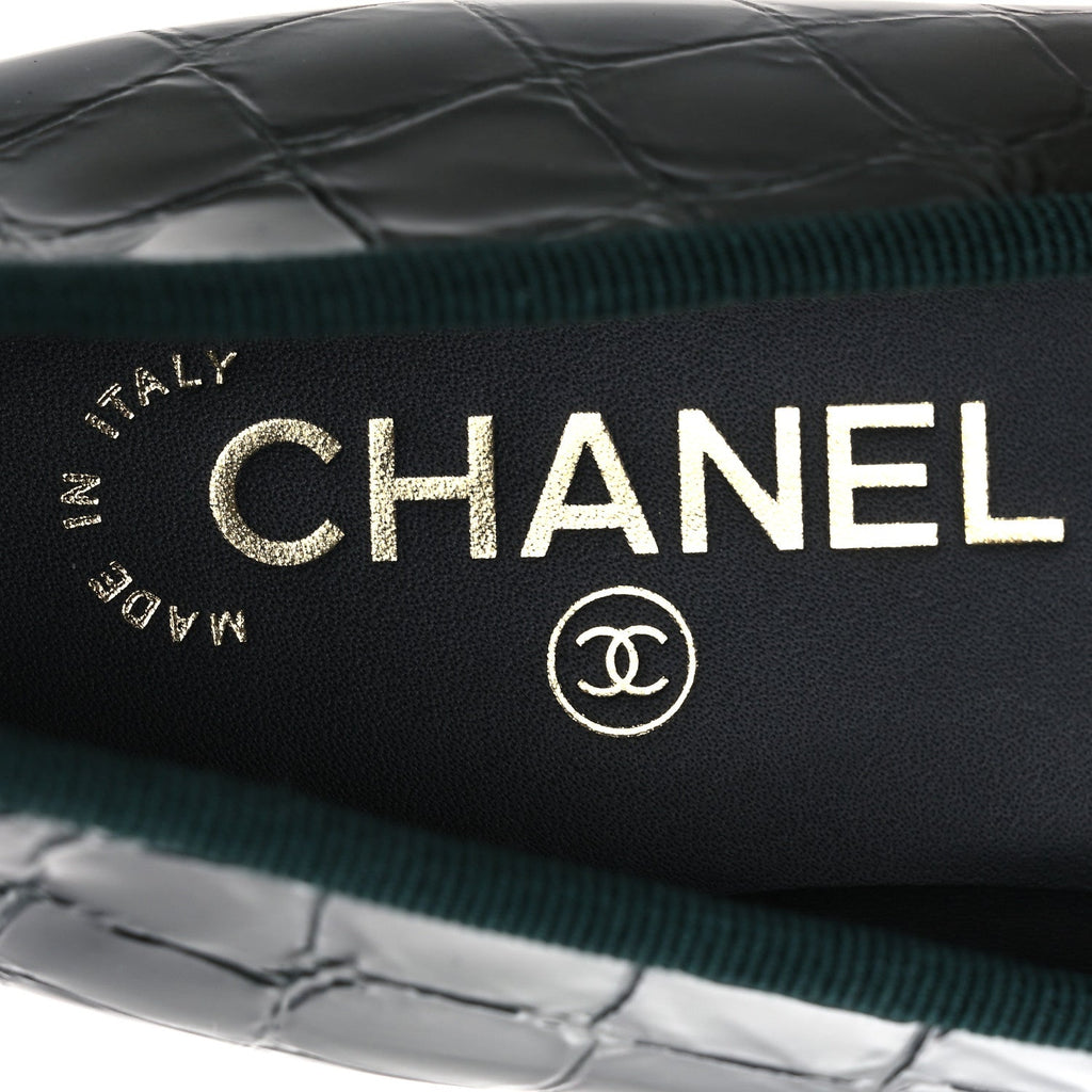 Crocodile Embossed Patent Calfskin Cap Toe CC Ballerina Flats 37.5 Dark Green Black