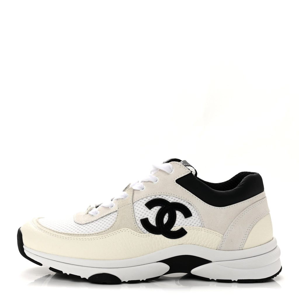 Mesh Suede Grained Calfskin Womens CC Sneakers 39.5 White Black