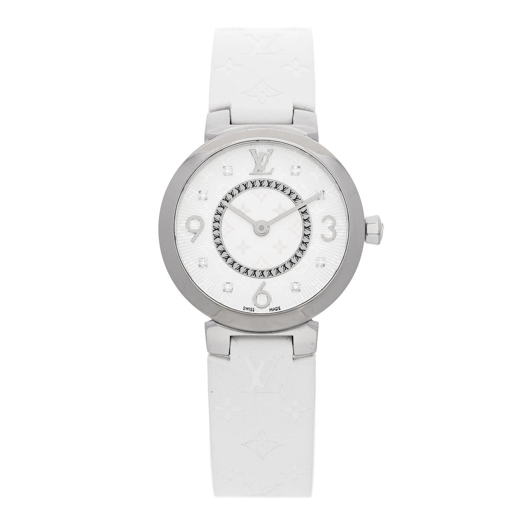 Stainless Steel Rubber Diamond 28mm Tambour Slim Quartz Watch White
