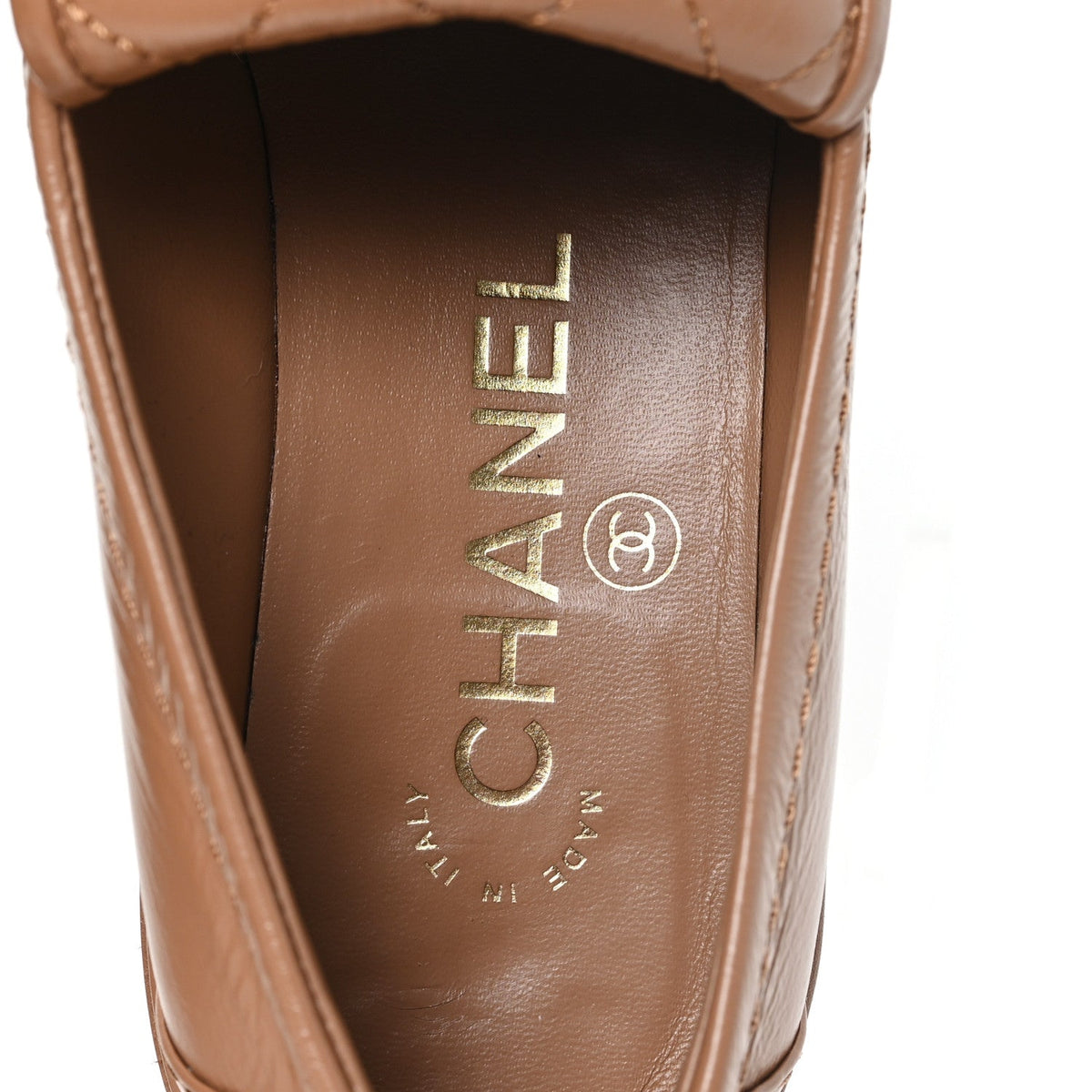 Crumpled Lambskin Quilted CC Turnlock Moccasins 35.5 Dark Beige