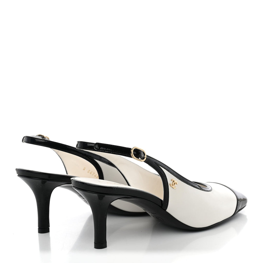 Lambskin Patent Calfskin Cap Toe CC Slingback Pumps 38 White Black