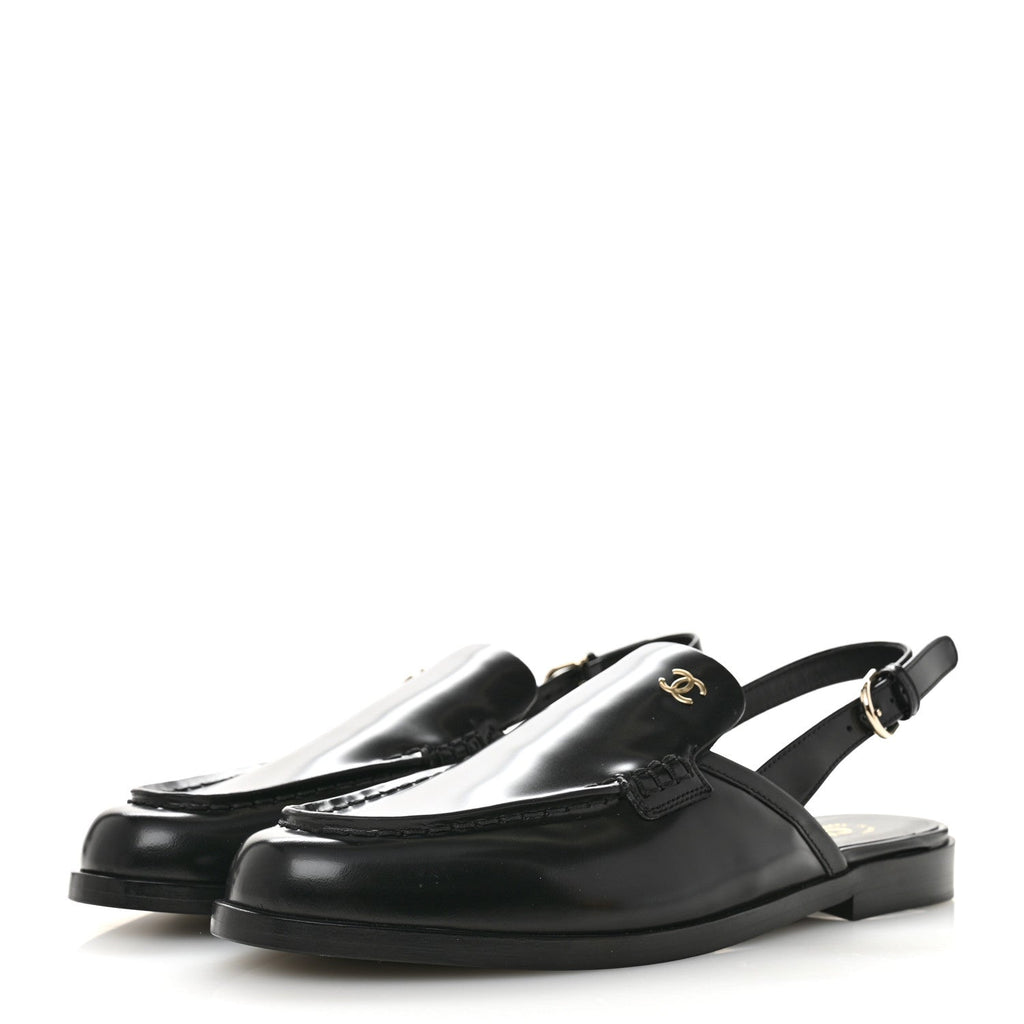 Shiny Calfskin Slingback Loafers 39.5  Black