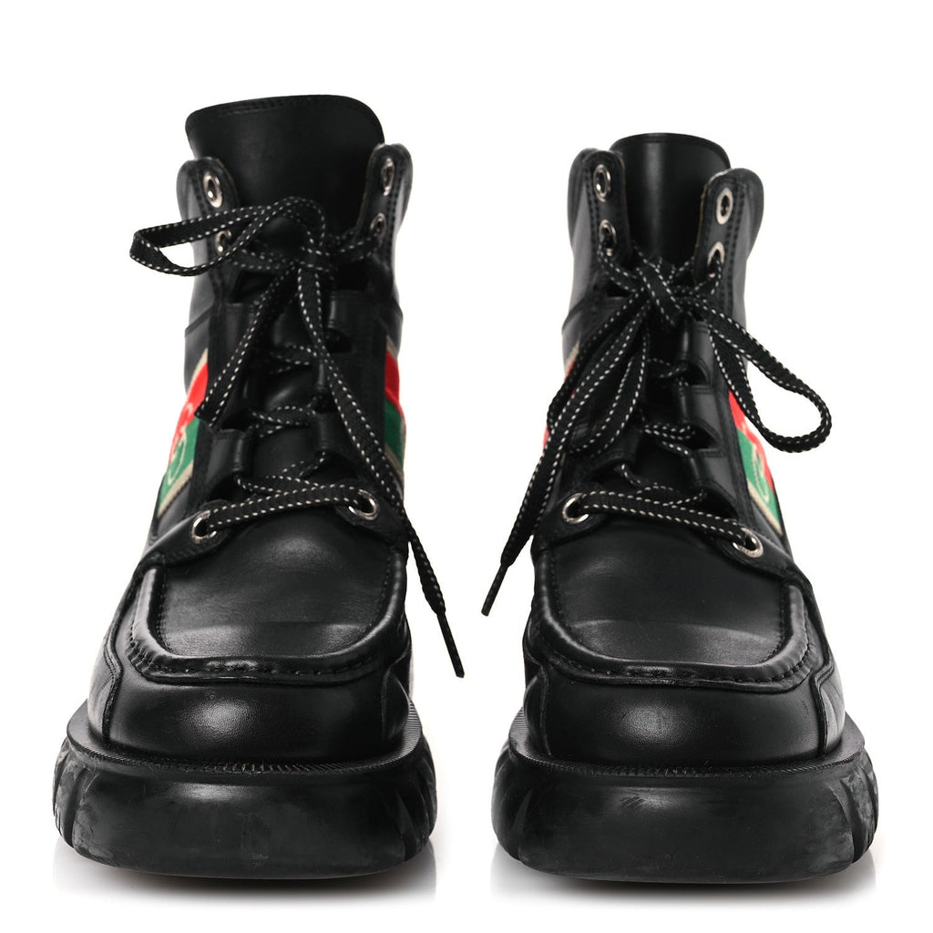 Quebec Calfskin Web Womens Interlocking G Lace Up Combat Boots 38 Black Mystic White Green Red