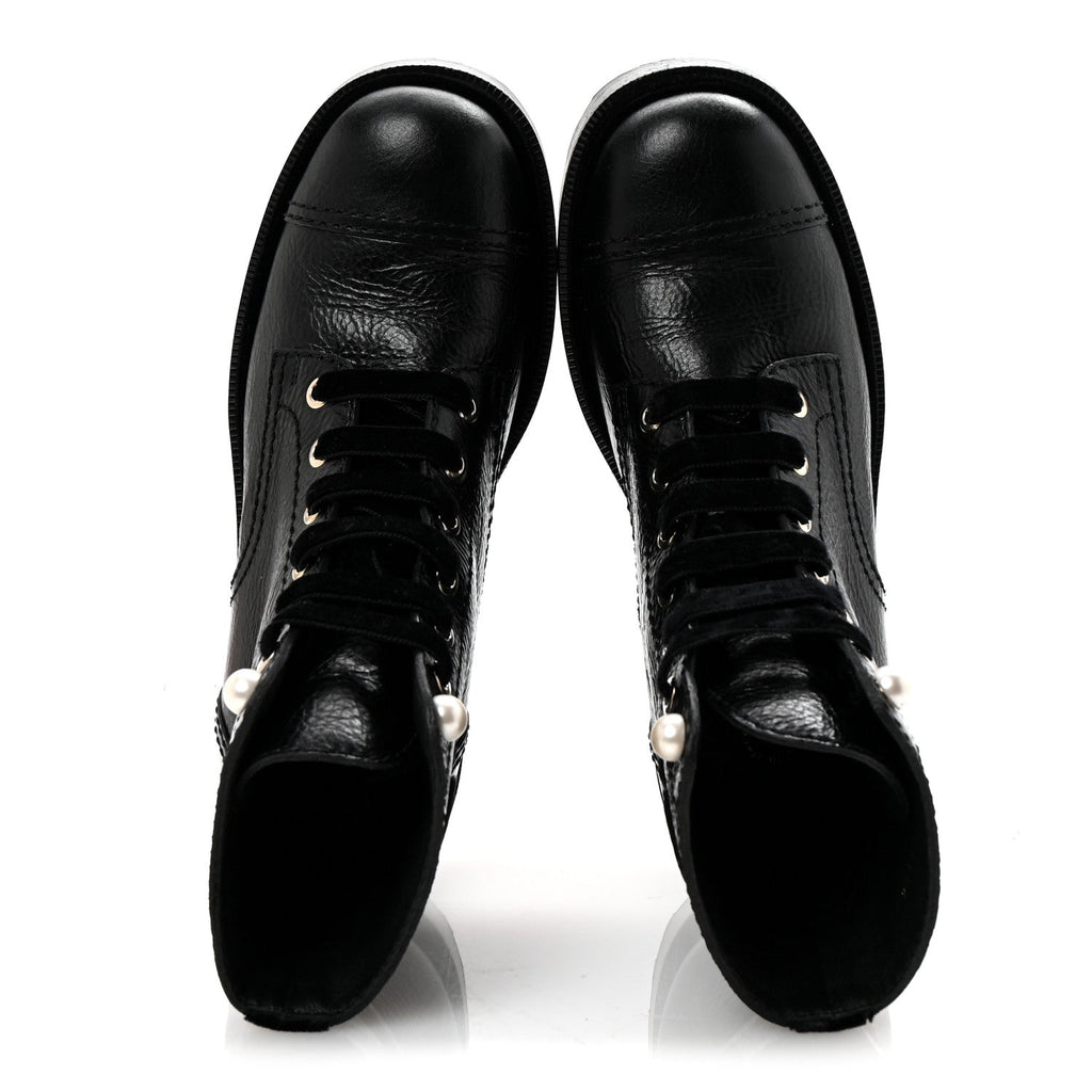 Shiny Calfskin Velvet Pearl Combat Short Boots 37 Black