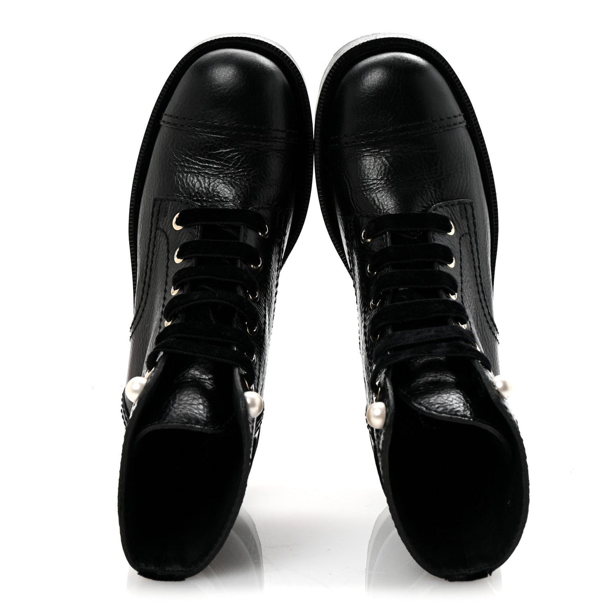 Shiny Calfskin Velvet Pearl Combat Short Boots 37 Black