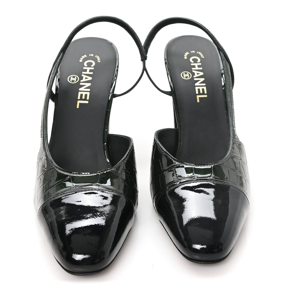 Patent Calfskin Crocodile Embossed Cap Toe CC Slingback 40 Dark Green Black
