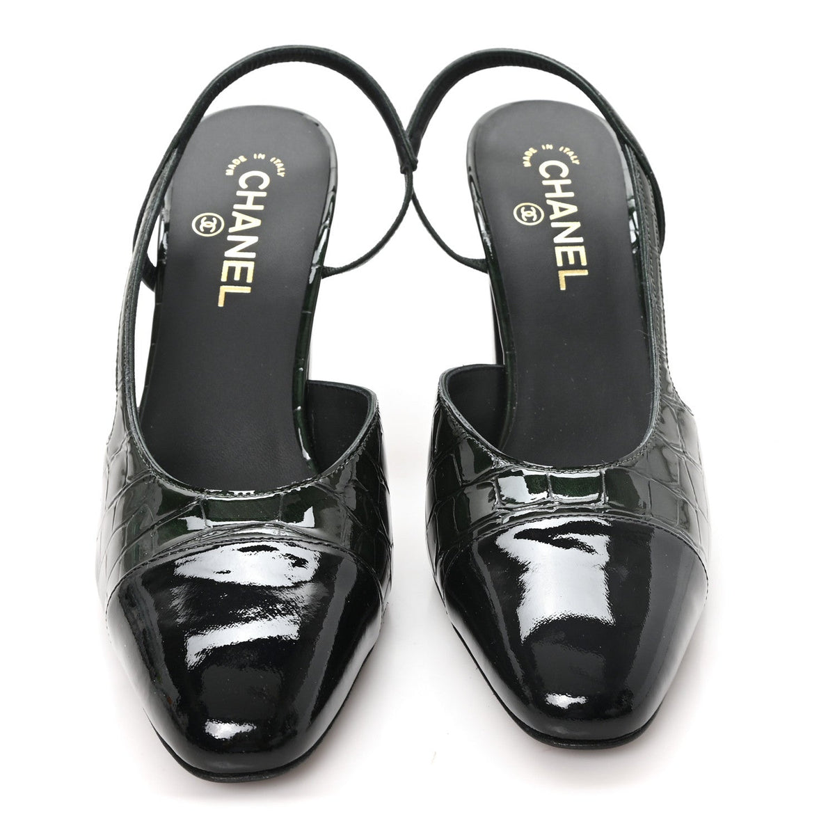 Patent Calfskin Crocodile Embossed Cap Toe CC Slingback 40 Dark Green Black