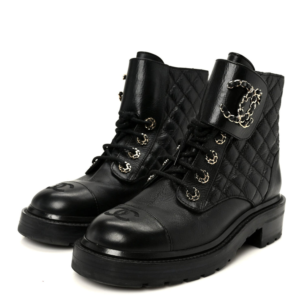 Shiny Goatskin Calfskin Quilted Lace Up Combat Boots 37.5 Black