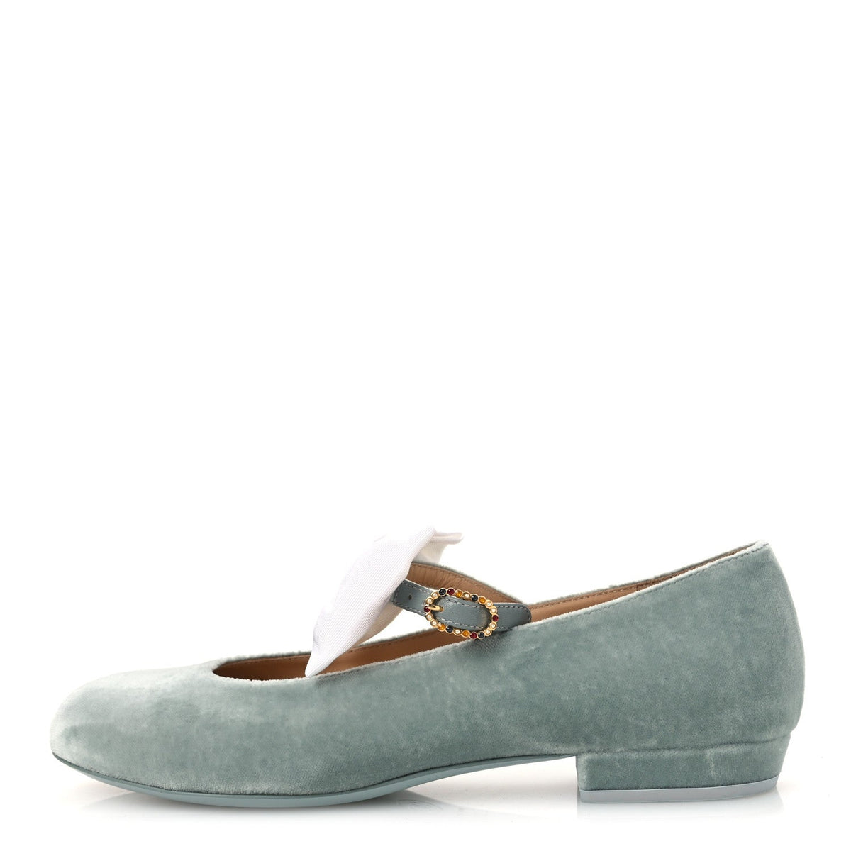 Velvet Grosgrain Bow Mary Jane Flats 37.5 Light Green White