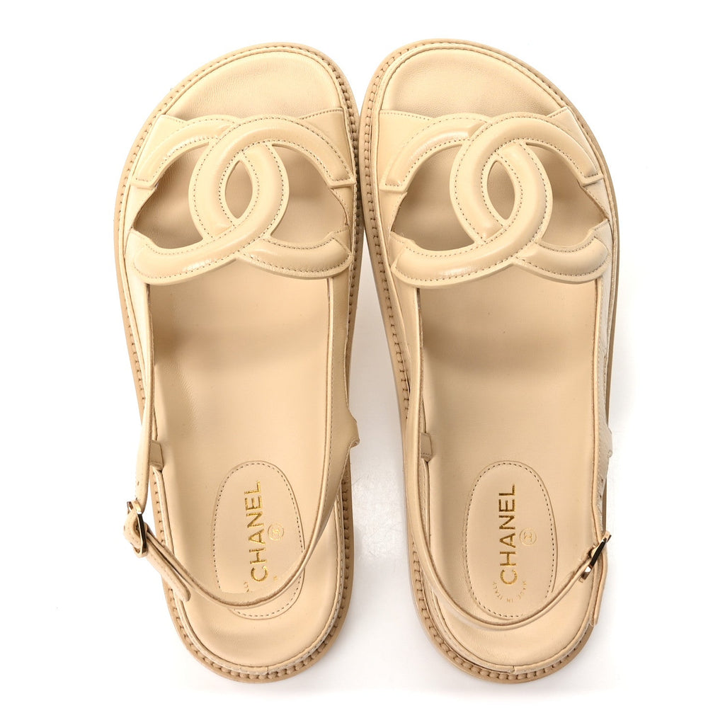 Shiny Crumpled Lambskin CC Cut Out Sandals 38 Beige