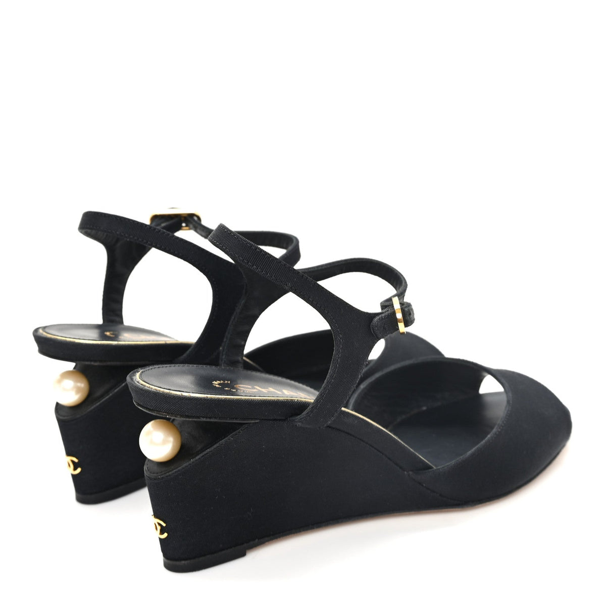 Grosgrain Pearl CC Wedge Sandals 38 Black