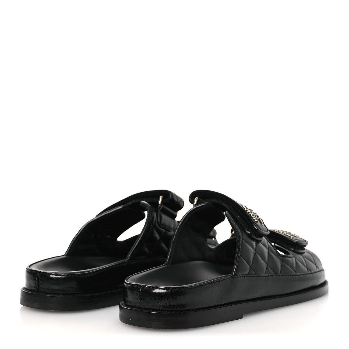 Lambskin Quilted Velcro Dad Chain CC Slide Sandals 38.5 Black