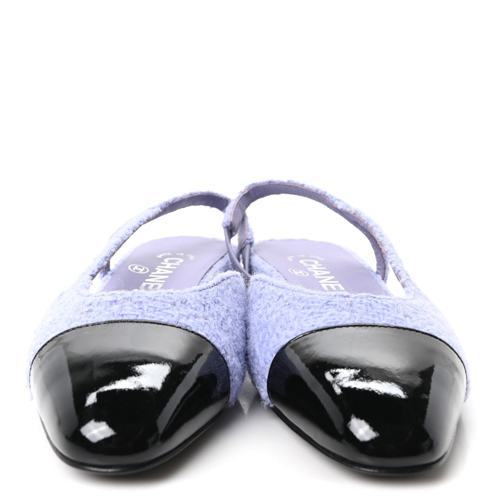 Iridescent Wool Tweed Patent Cap Toe CC Slingback Flats 36 Light Purple Silver Black