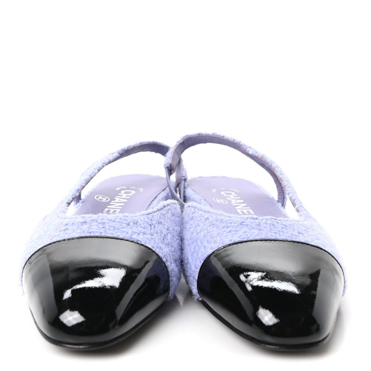 Iridescent Wool Tweed Patent Cap Toe CC Slingback Flats 36 Light Purple Silver Black