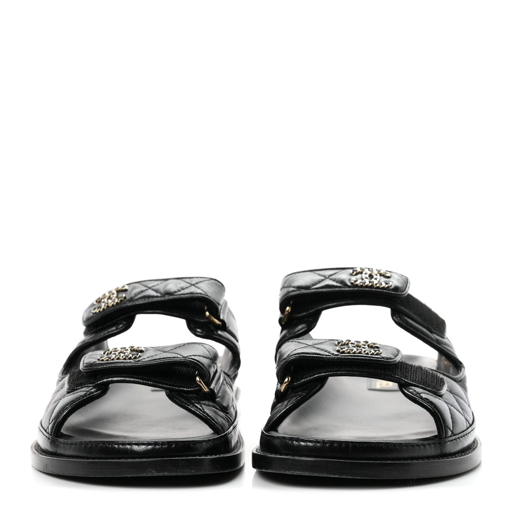 Lambskin Quilted Velcro Dad Chain CC Slide Sandals 39.5 Black