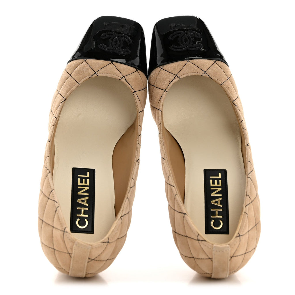 Suede Kidskin Patent Quilted CC Cap Toe Pumps 39 Beige Black