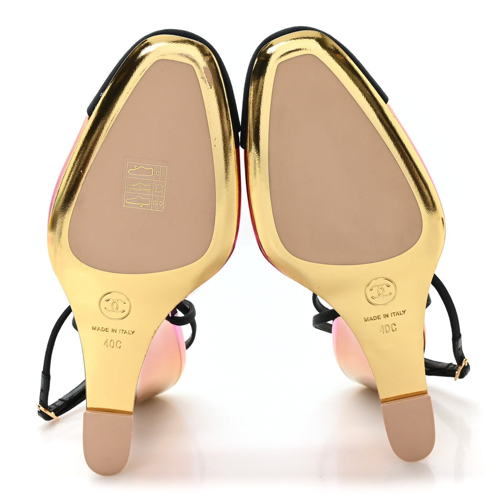 Laminated Calfskin Grosgrain Cap Toe CC Wedge Pumps 40 Pink Orange Yellow Black