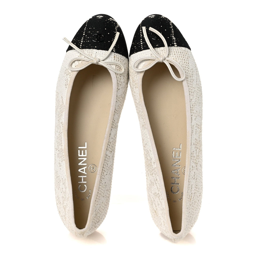 Tweed Cap Toe Ballet Flats 37 White Black