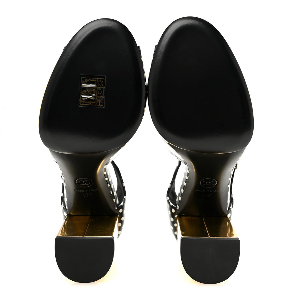 Printed Calfskin Polka Dot CC Platform Sandals 37 Black White