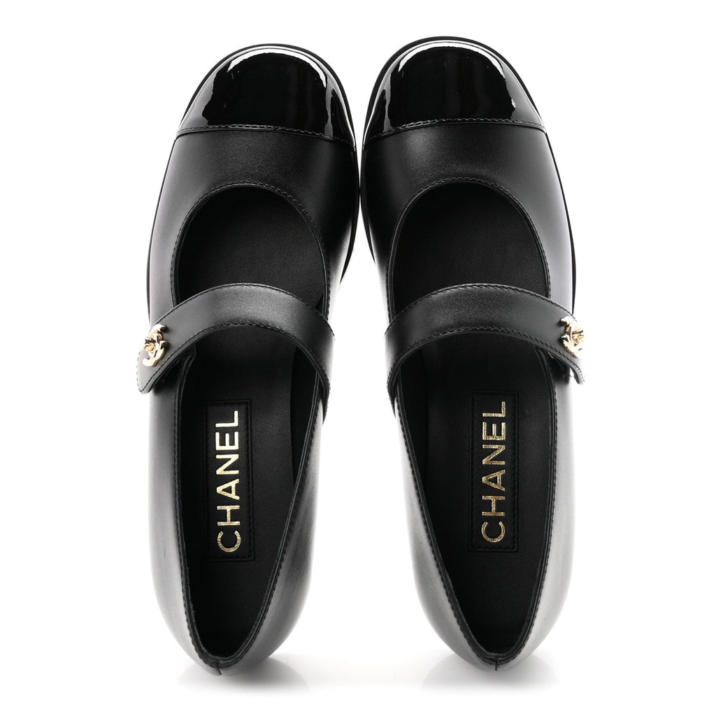 Calfskin Patent Mary Janes Flats 37 Black