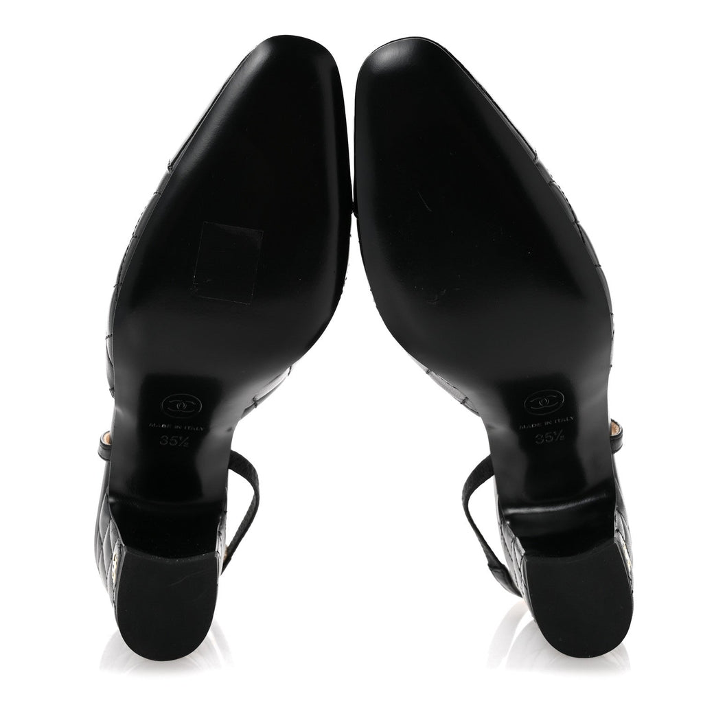 Lambskin Patent Calfskin Quilted Cap Toe CC Slingback Pumps 35.5 Black