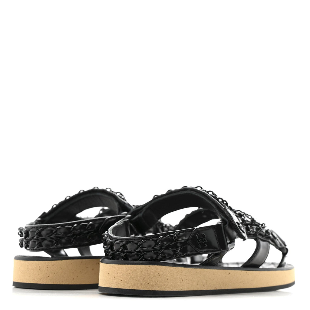 Laminated Goatskin Chain Sandals 35 Black