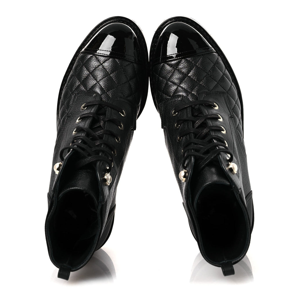 Pearly Calfskin Patent Calfskin Lace Up Combat Boots 38 Black