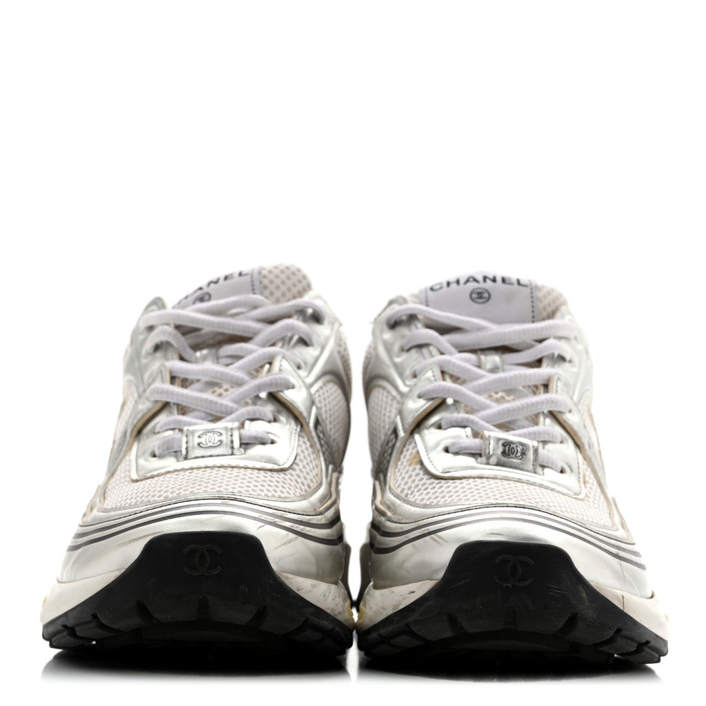 Fabric Laminated Calfskin Stretch CC Womens Sneakers 39.5 White Silver