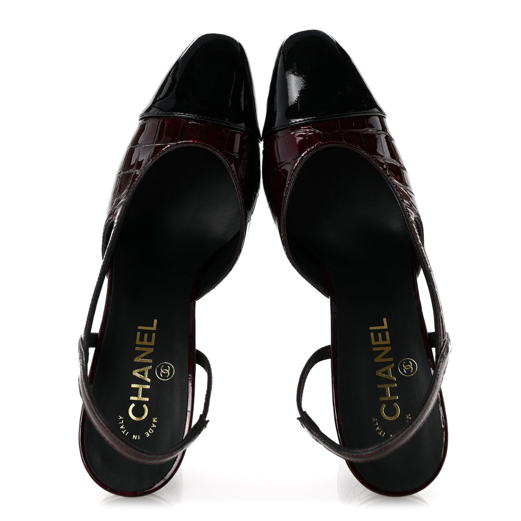 Patent Calfskin Crocodile Embossed Cap Toe CC Slingback Sandals 39 Dark Burgundy Black