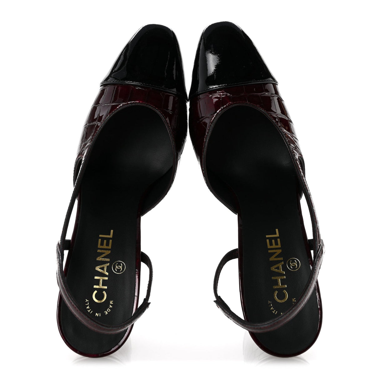 Patent Calfskin Crocodile Embossed Cap Toe CC Slingback Sandals 39 Dark Burgundy Black