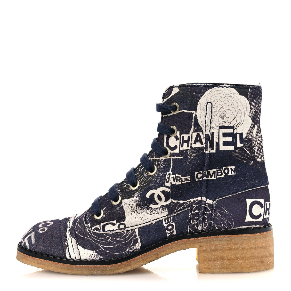 Suede Calfskin Printed CC 31 Rue Cambon Lace Up Combat Boots 39.5 White Navy