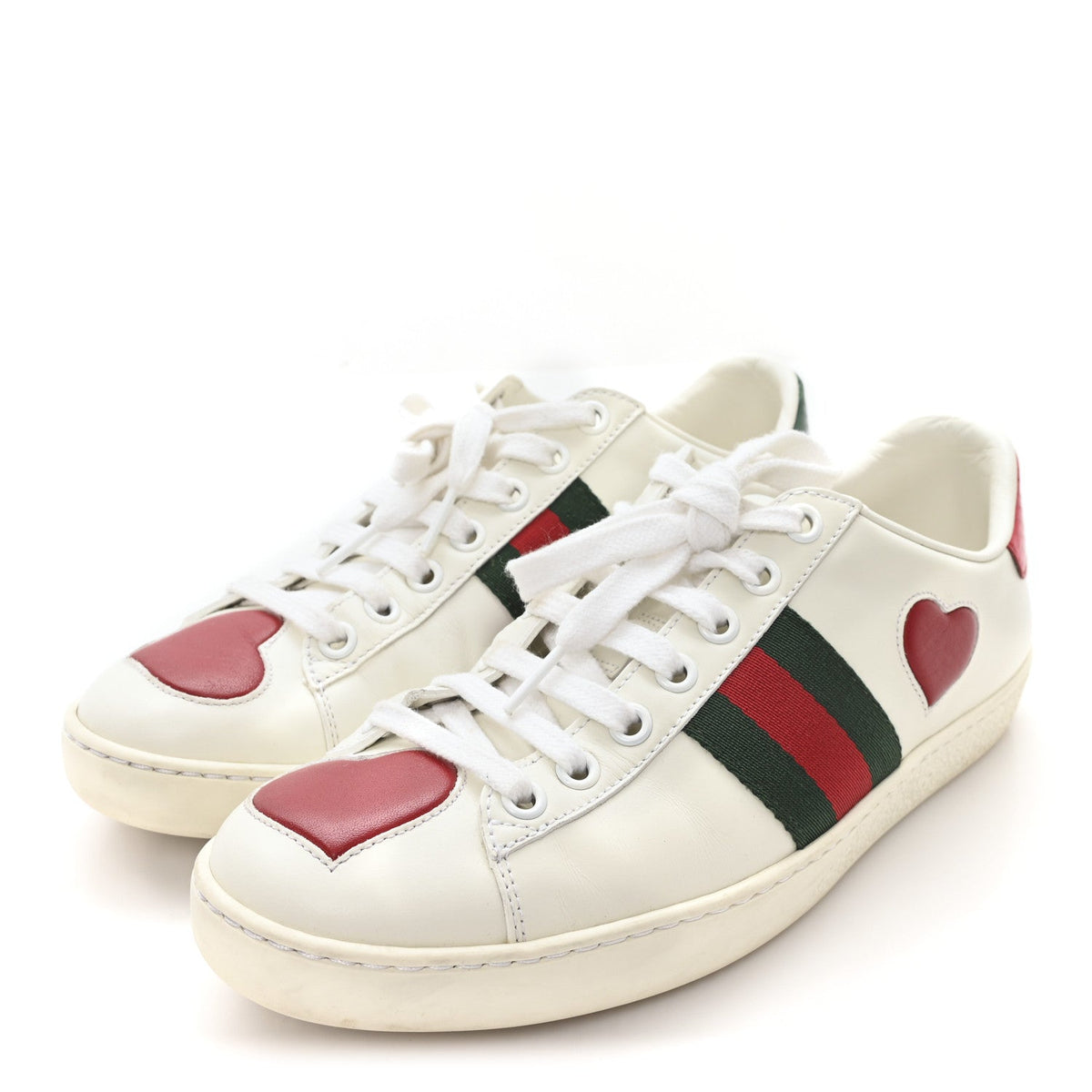Calfskin Web Heart Embroidered Womens Ace Sneakers 36 White
