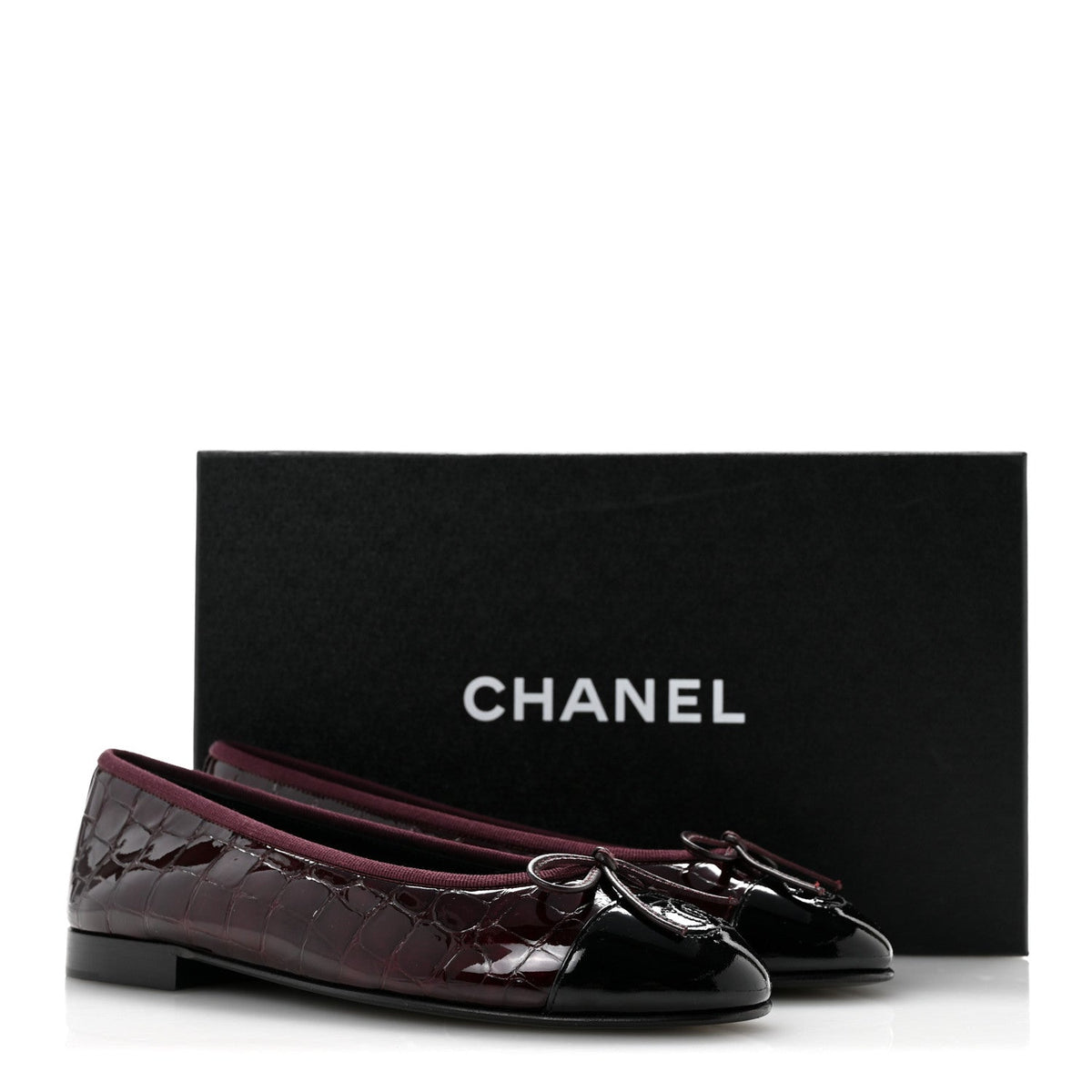 Crocodile Embossed Patent Cap Toe Ballerina Flats 36.5 Dark Burgundy Black