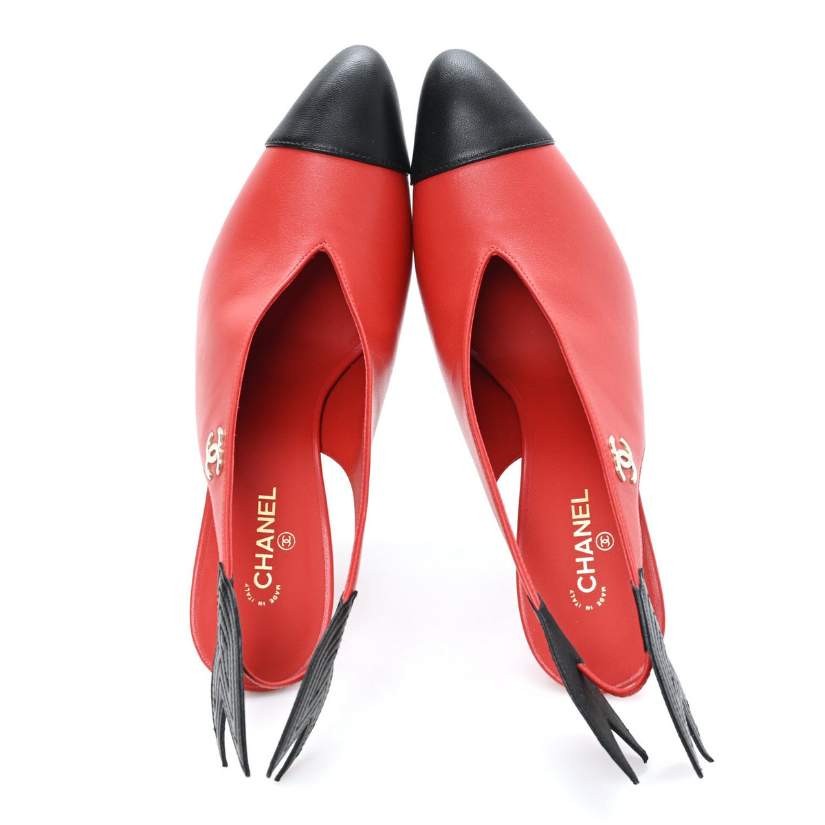 Lambskin Patent Calfskin Cap Toe CC Slingback Pumps 38 Red Black