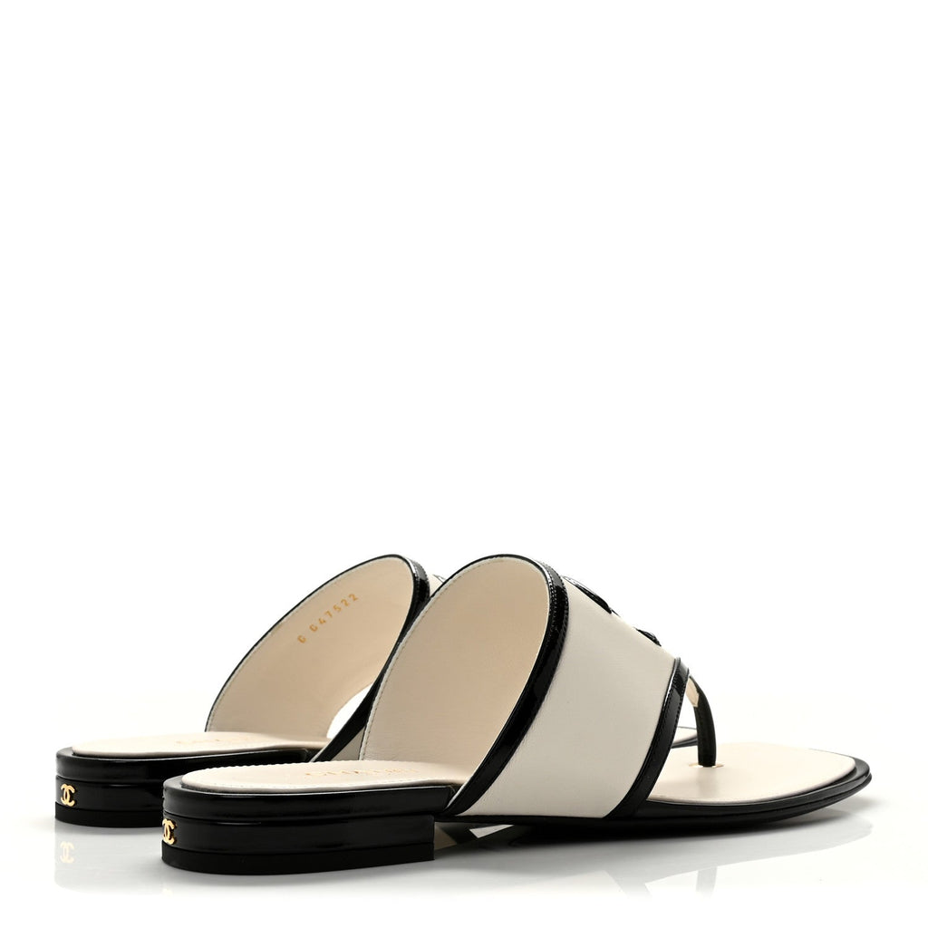 Lambskin Patent Calfskin CC Thong Sandals 39 White Black