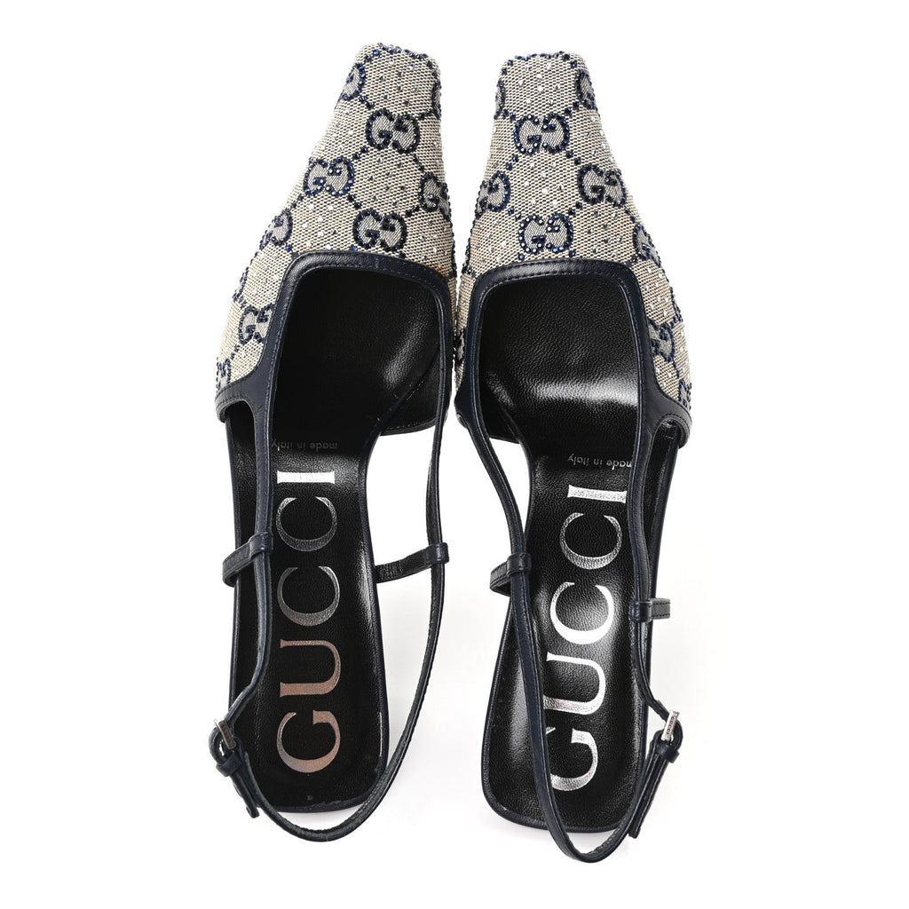 GG Monogram Malaga Kid Crystal Square G 75mm Slingback Pumps 36.5 Beige Blue
