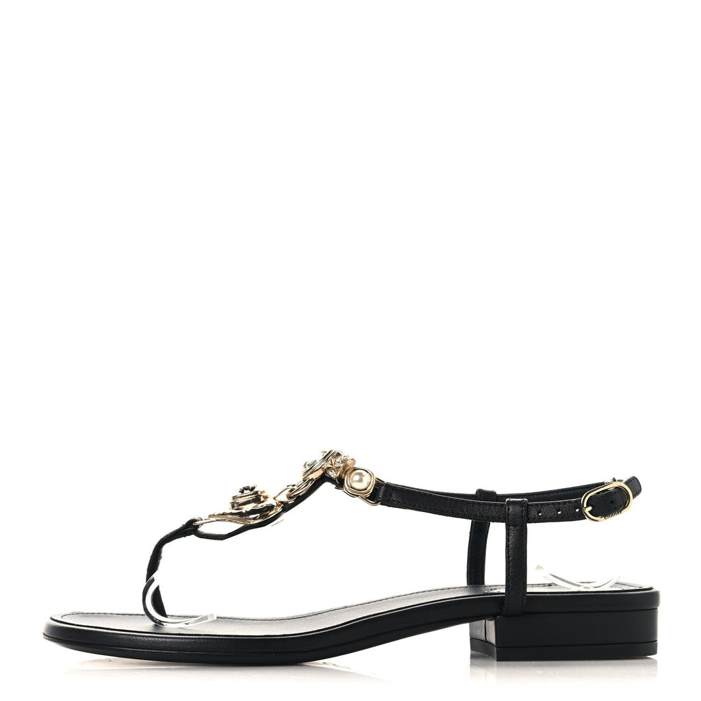 Lambskin Metal Heart Thong Sandals 37 Black