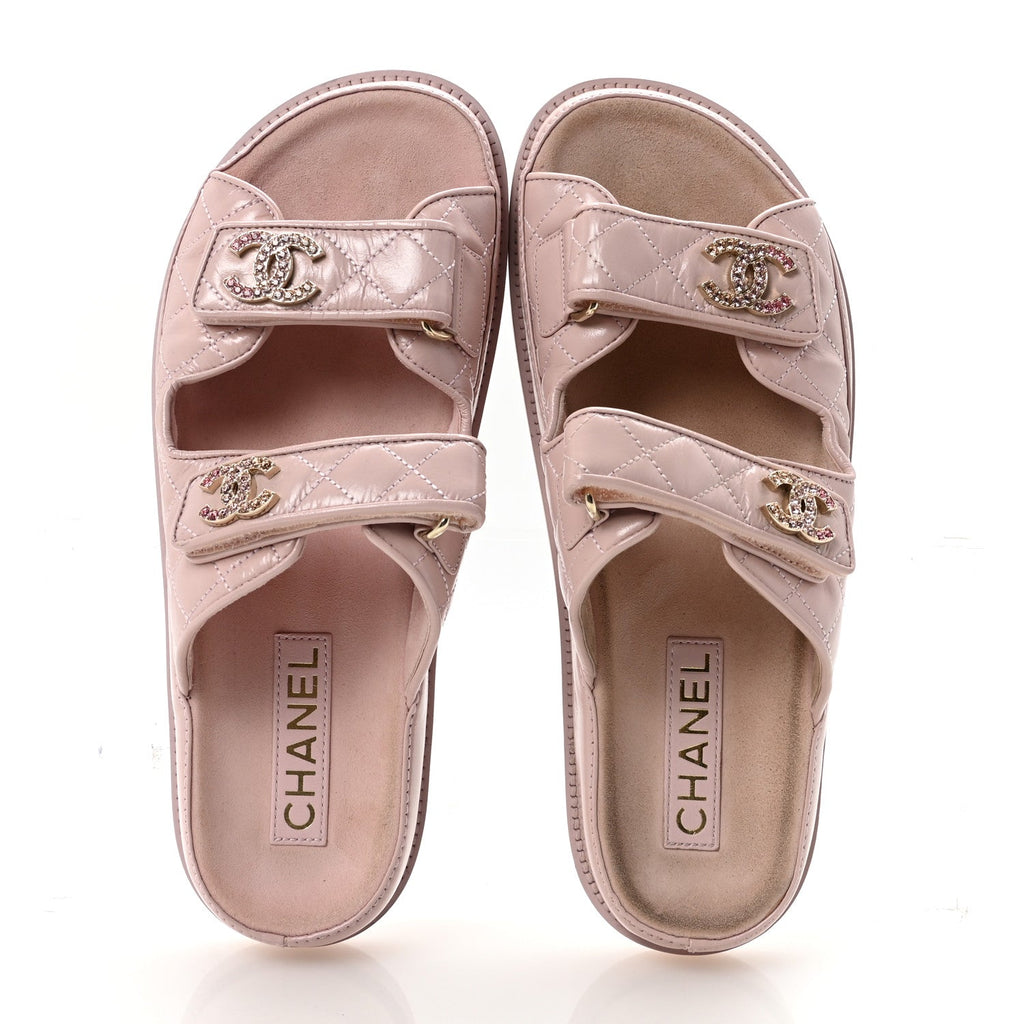 Shiny Calfskin Crystal Quilted Velcro Dad CC Slide Sandals 39 Light Pink